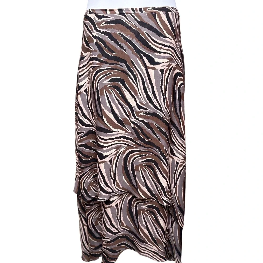 NORDSTROM ENCORE Brown Zebra 100% Silk Tiered Hem Maxi Skirt 18W Mob Wife Chic